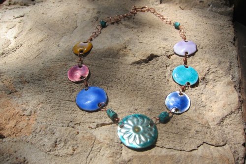 Karen Meador, Ph.D.'s Working with Transparent Enamels Pt 1 - Introduction to transparents on copper, Enameling, Enamel Jewelry Supplies, Enamel, Enameling, Enameled Jewelry, enamel sampler necklace